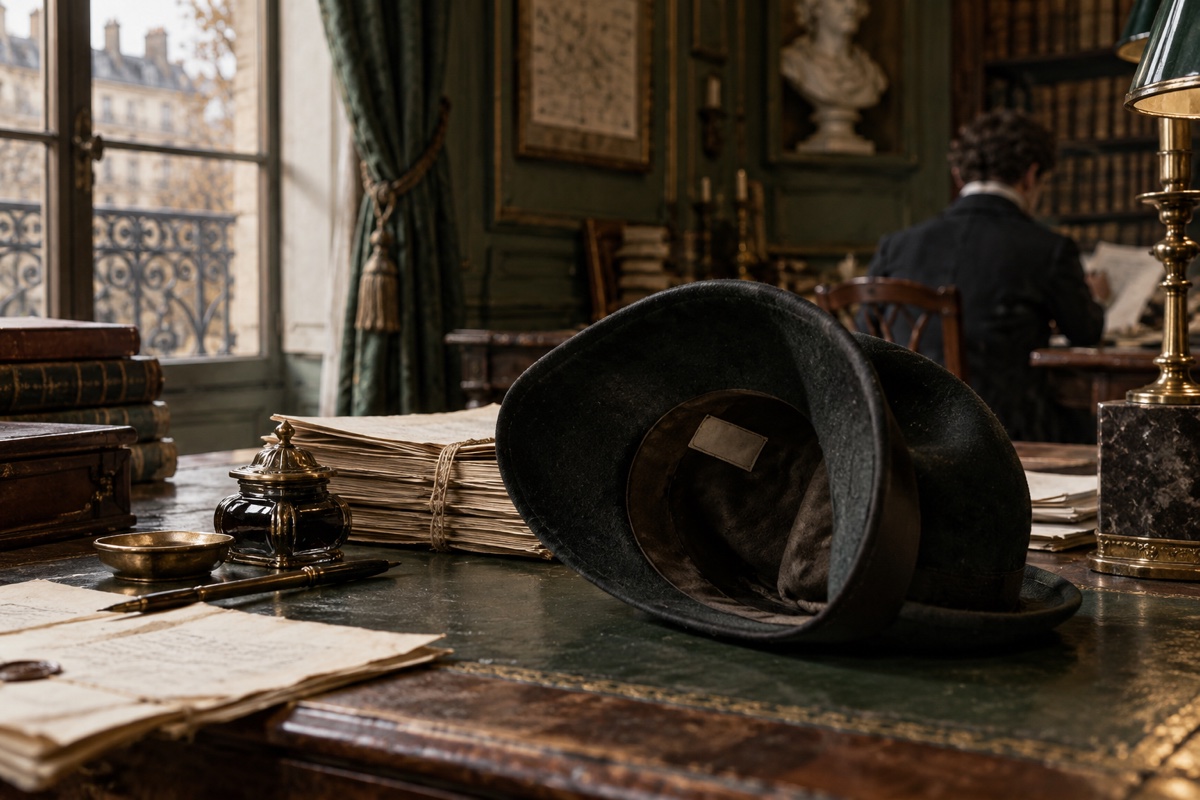 Illustration contemporaine : Un chapeau avec une étiquette sans inscription sur un bureau d’examen.