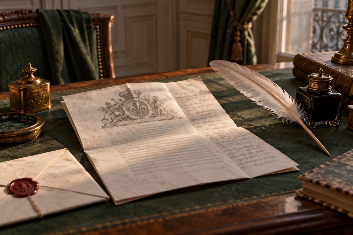 Illustration contemporaine : Un feuillet imprimé et annoté aux mots illisibles, avec une plume et une enveloppe.