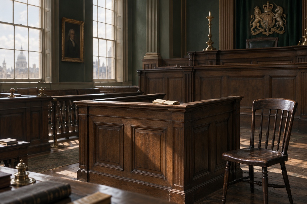 Illustration contemporaine : Une salle de tribunal anglais vide, éclairée par une fenêtre.