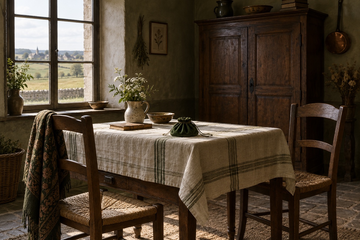 Illustration contemporaine : Deux chaises vides et une bourse dans une maison ancienne.
