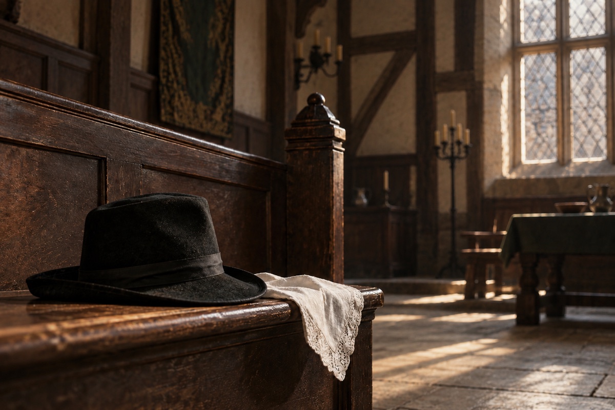 Illustration contemporaine : Un chapeau posé dans une salle ancienne de Londres.