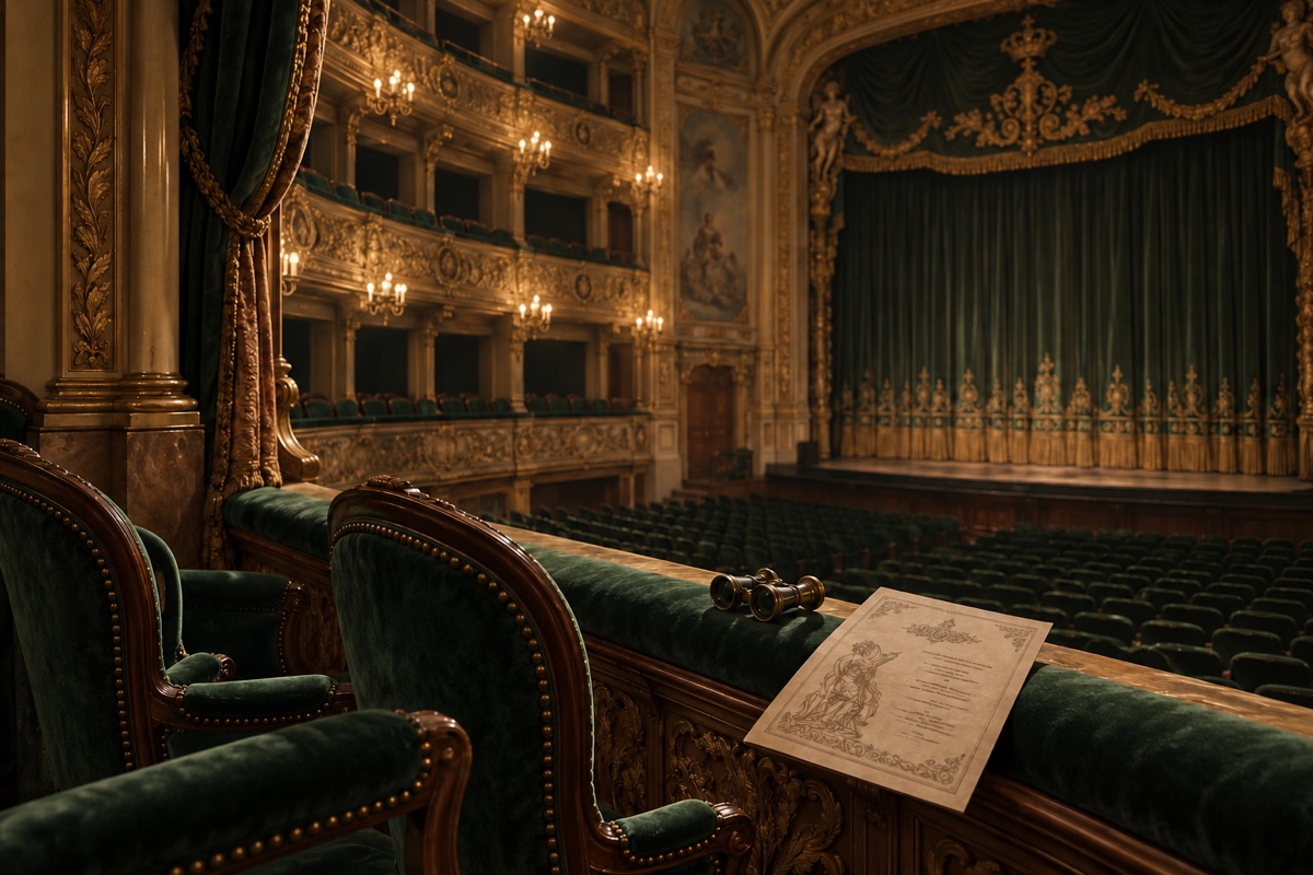 Illustration contemporaine : Les sièges vides d’un théâtre et un programme aux caractères illisibles.