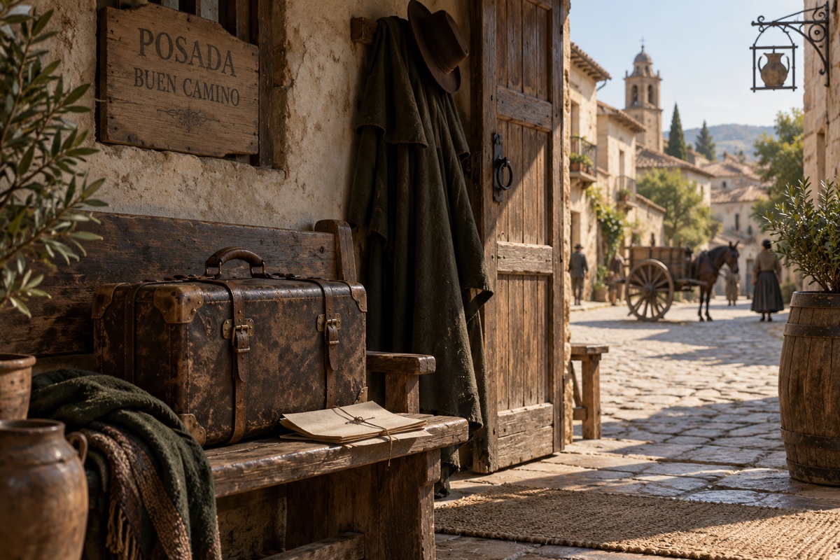 Illustration contemporaine : Une valise devant une auberge espagnole.
