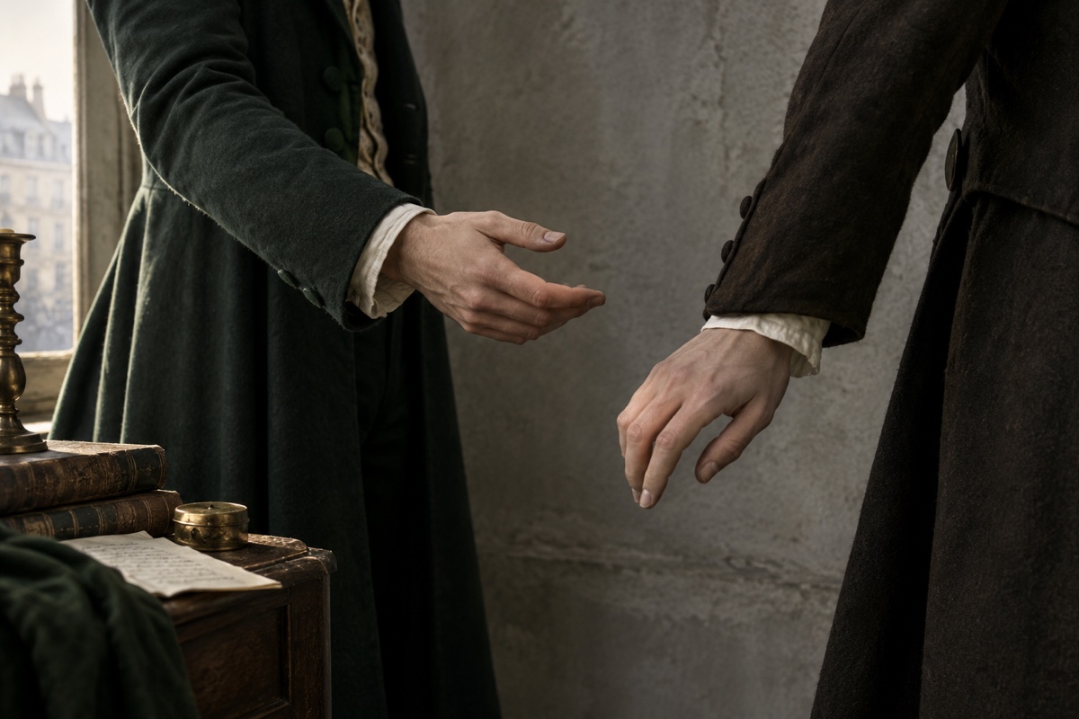 Illustration contemporaine : Les mains de deux personnages anonymes au moment d’un adieu.