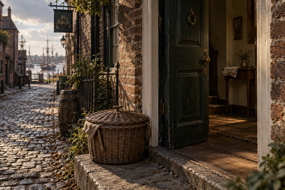 Illustration contemporaine : Un panier fermé près d’une porte entrouverte.
