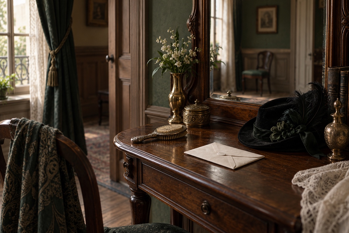 Illustration contemporaine : Une table de toilette, une brosse et une lettre dans une chambre.