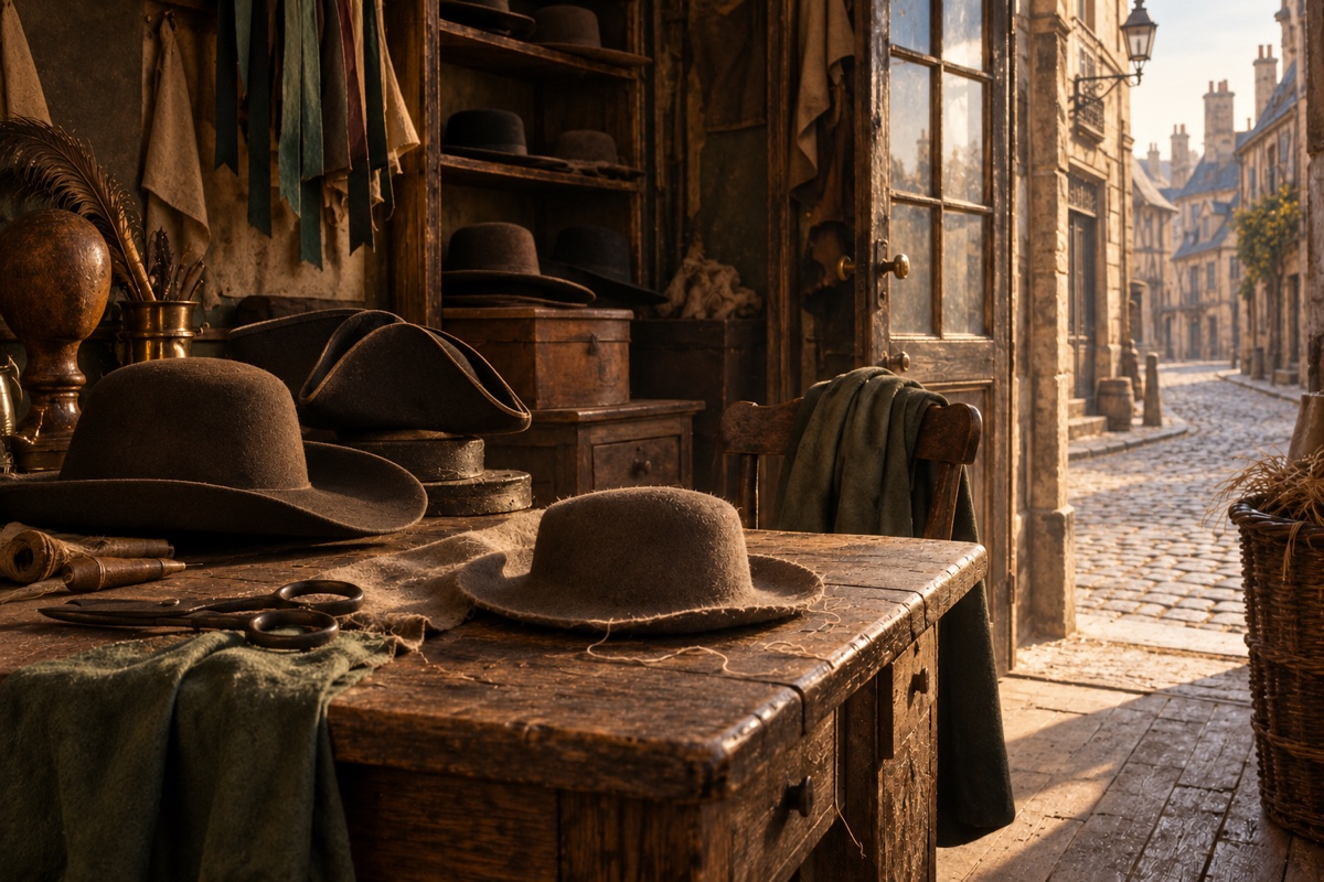 Illustration contemporaine : Un chapeau d’enfant inachevé dans une boutique de chapelier vide.