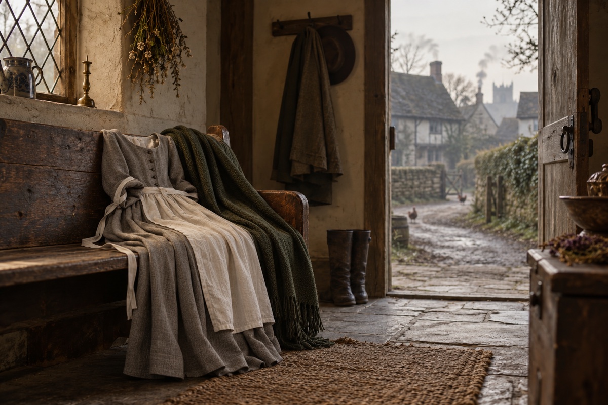 Illustration contemporaine : Une robe étendue et un châle sur un banc près d’une porte ouverte.