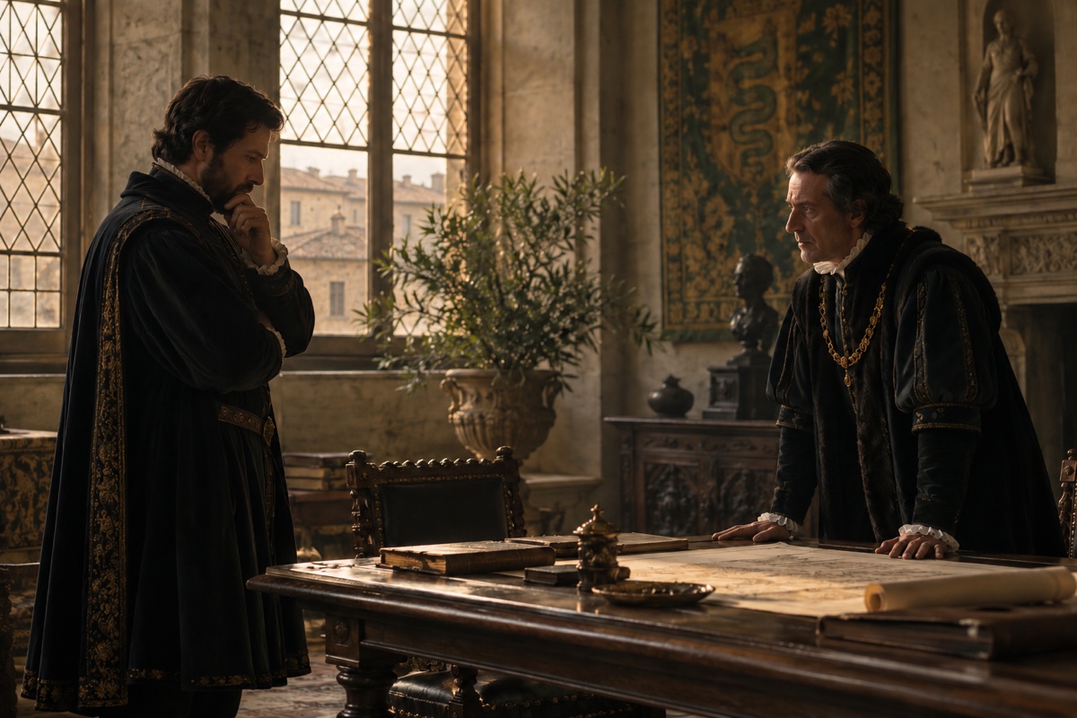 Illustration contemporaine : Deux personnages anonymes de la Renaissance conversent de part et d’autre d’une table.
