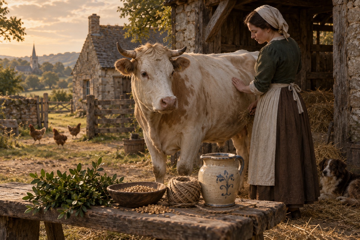 Illustration contemporaine : Une vache près d’une ferme normande, avec des objets du rituel rapporté par le journal.