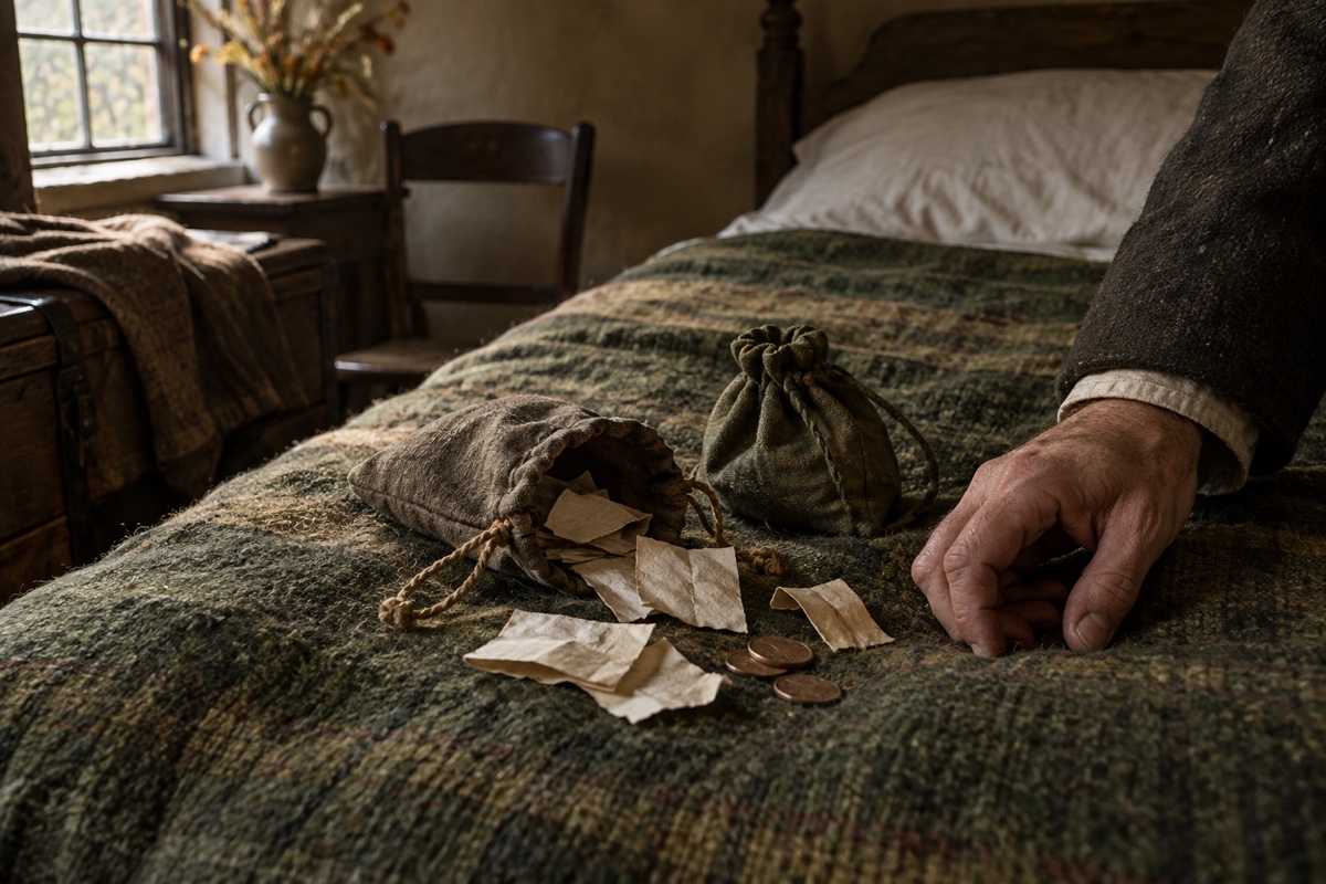 Illustration contemporaine : Des sachets ouverts, des papiers sans valeur et des pièces sur un lit.