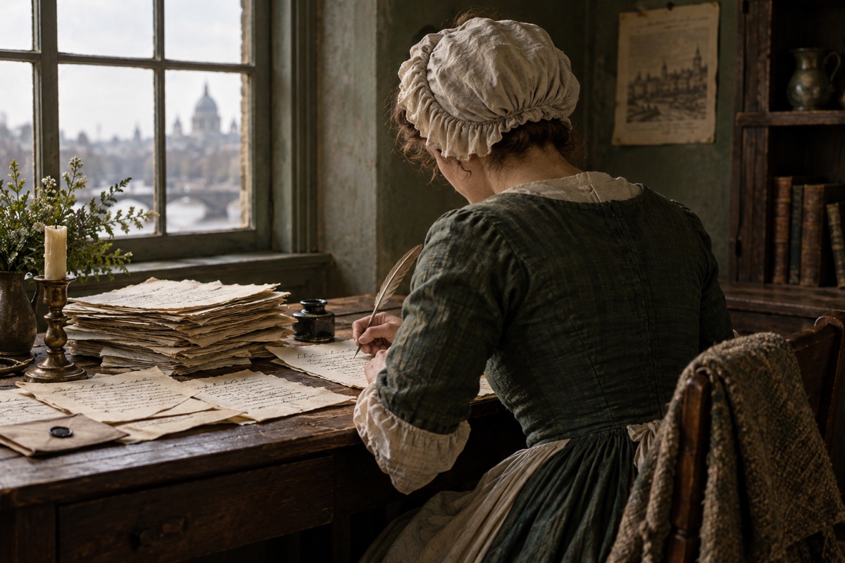 Illustration contemporaine : Un personnage fictif signe une feuille près d’une pile de pétitions aux caractères indistincts.