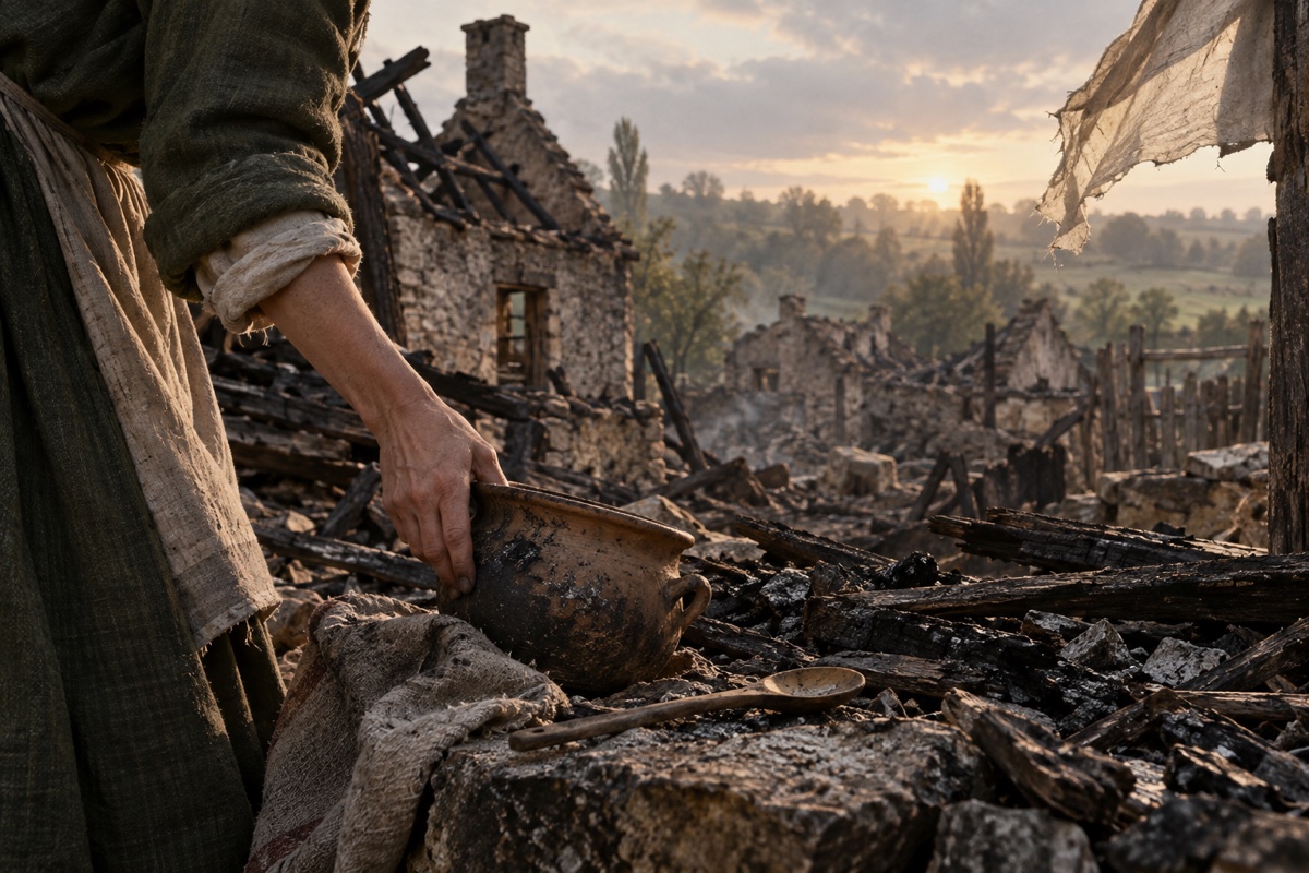 Illustration contemporaine : Une main anonyme récupère un pot et une cuiller parmi les débris d’un village incendié.