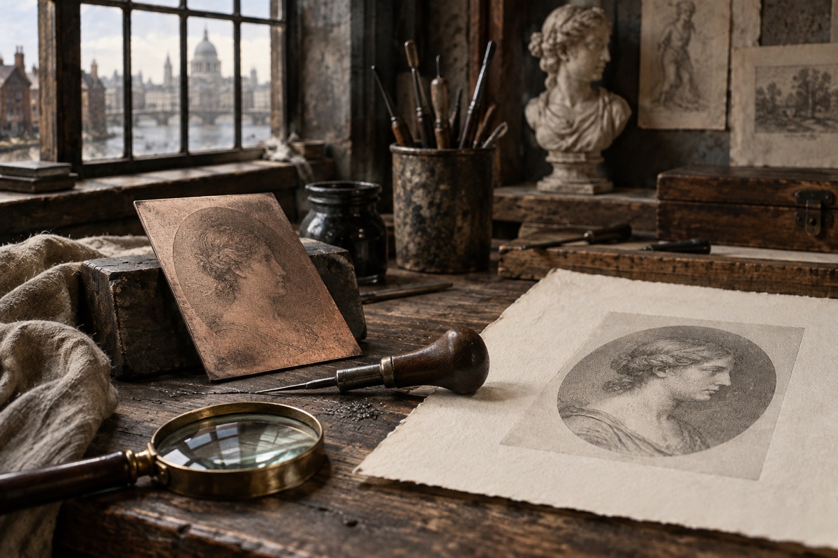 Illustration contemporaine : Une plaque de cuivre, un burin et une estampe sans légende dans un atelier.