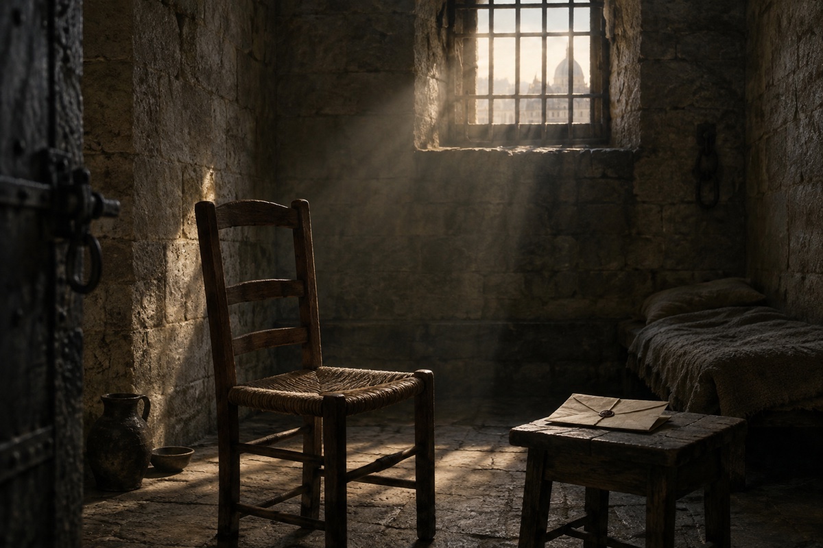 Illustration contemporaine : Une chaise et une enveloppe scellée sur un tabouret dans une cellule vide.
