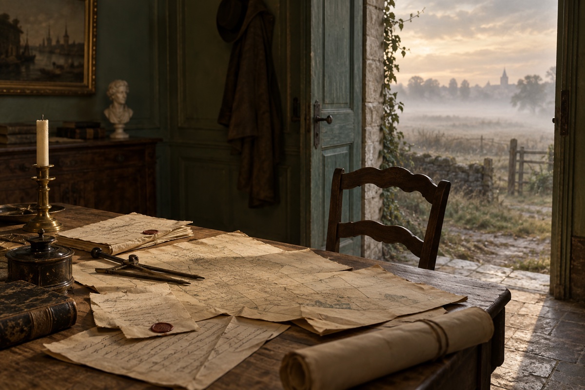Illustration contemporaine : Des cartes et des papiers sur une table, près d’une porte ouverte et d’un manteau suspendu.