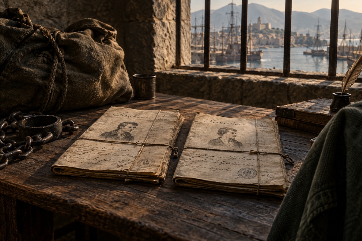 Illustration contemporaine : Deux livrets illustrés de portraits posés sur une table, près de chaînes et d’une fenêtre donnant sur le port.