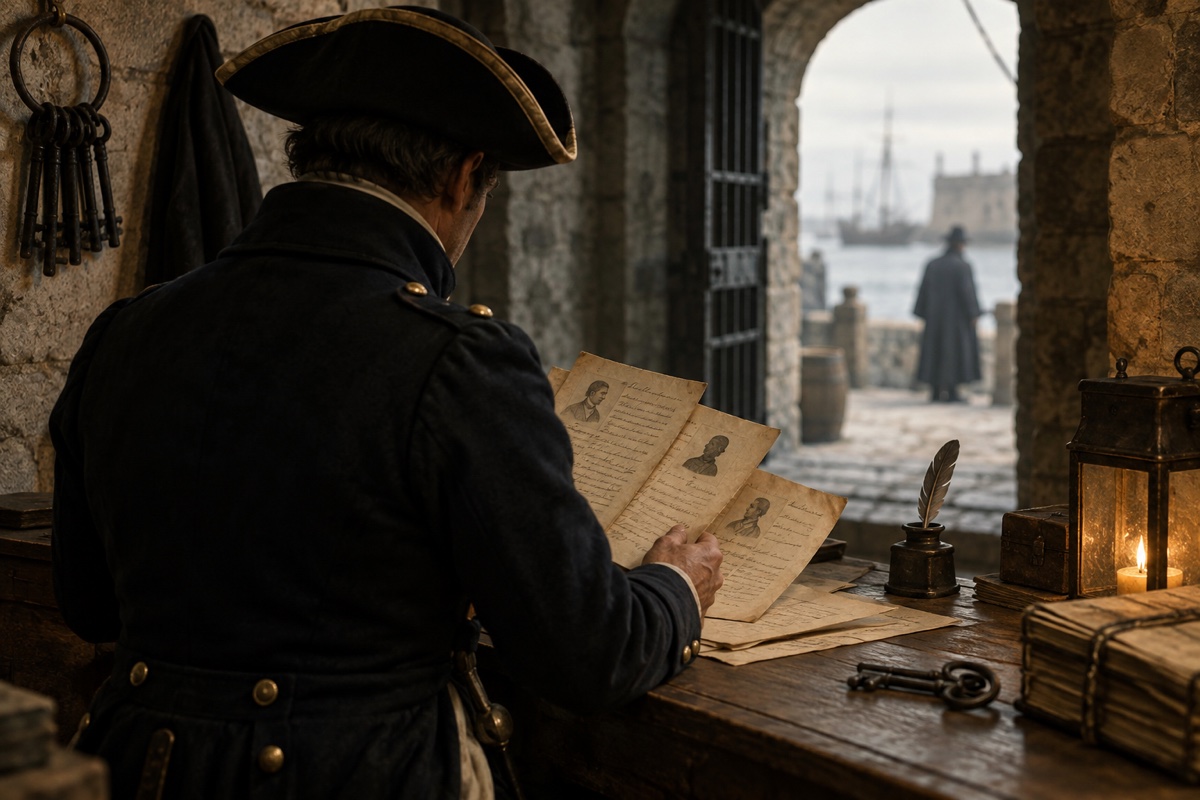 Illustration contemporaine : Un homme anonyme consulte des feuilles illustrées près d’une porte ouverte sur un port.