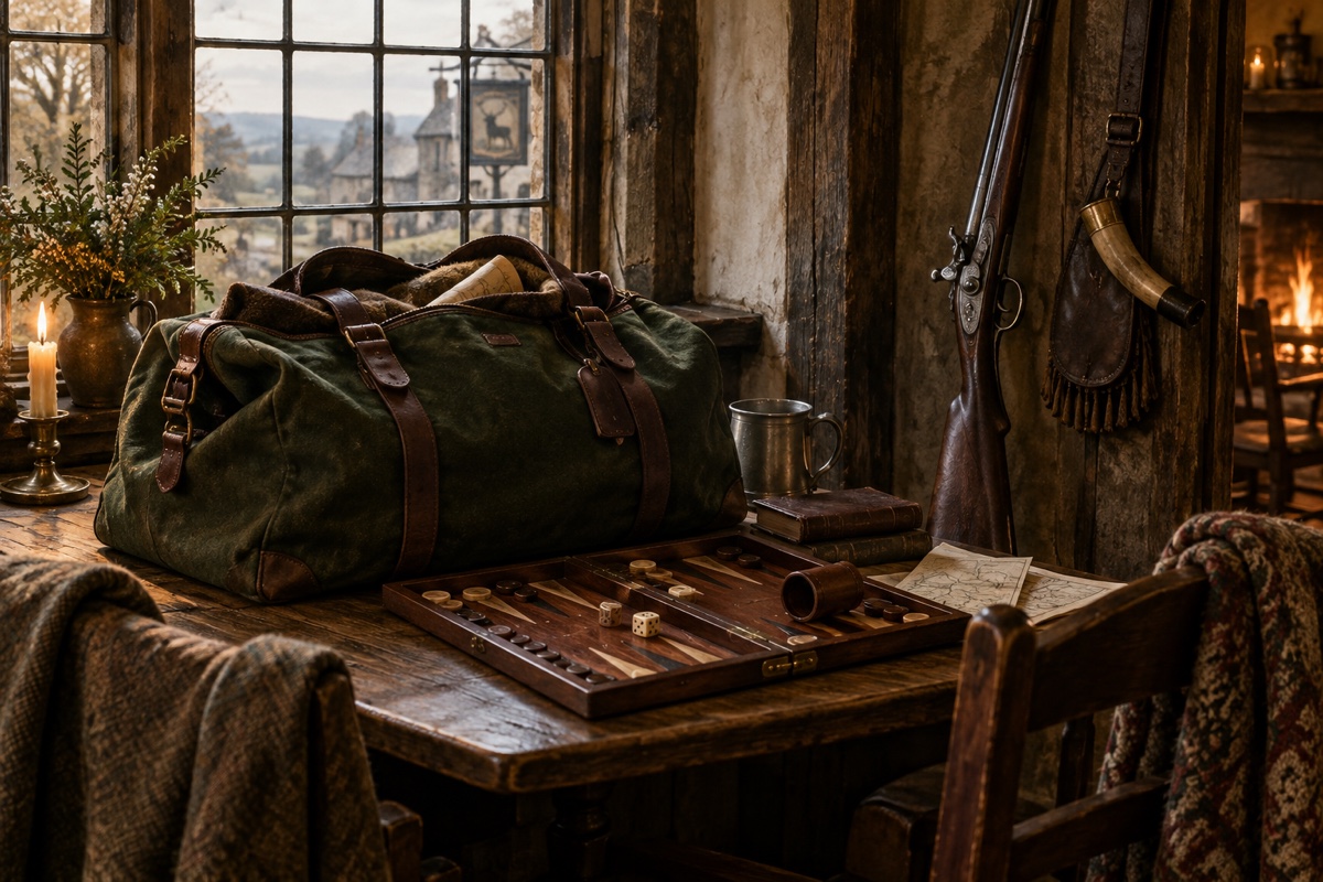 Illustration contemporaine : Un sac de voyage entrouvert, un jeu de table et un fusil près d’une fenêtre.
