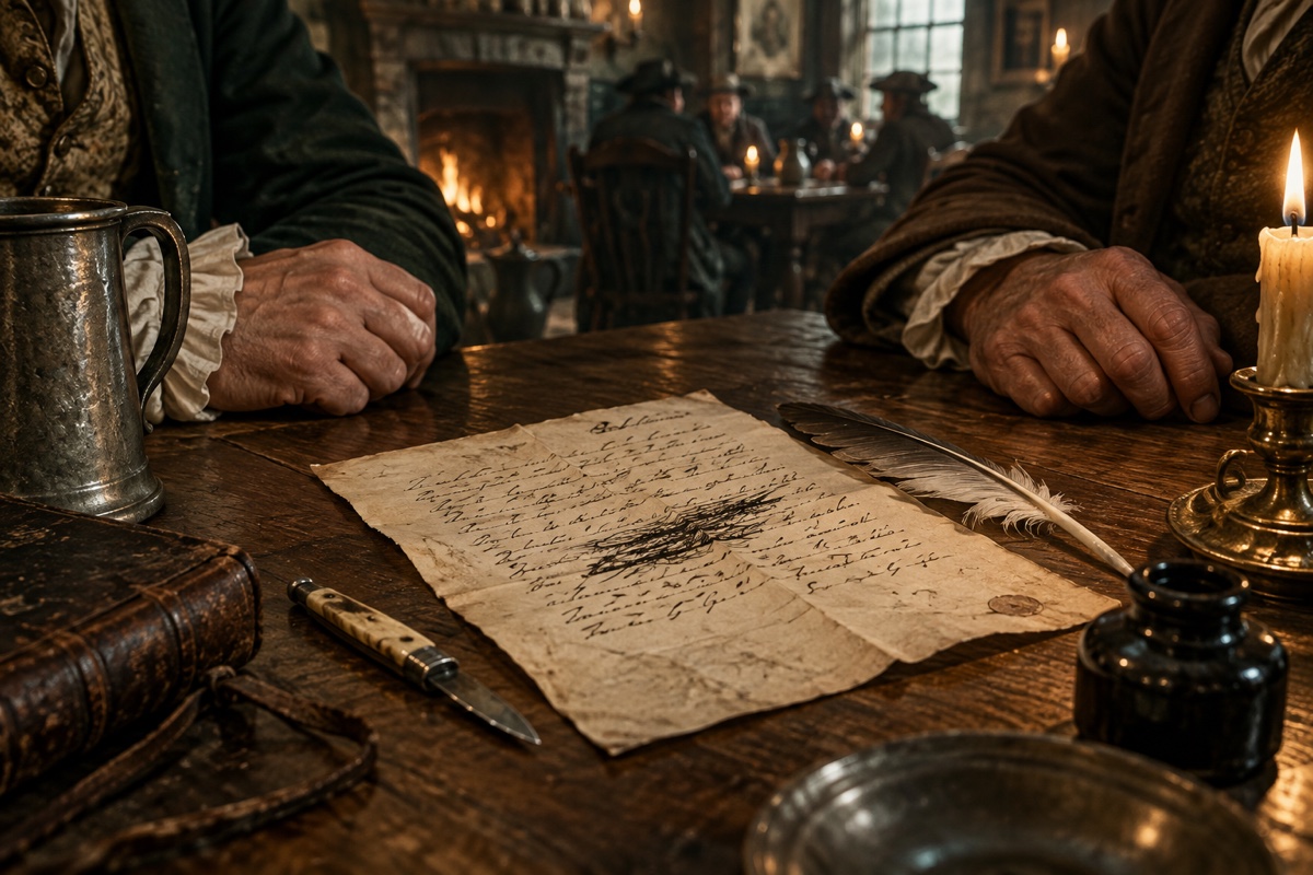 Illustration contemporaine : Un document manuscrit raturé, une plume et un canif entre deux personnages anonymes à une table.