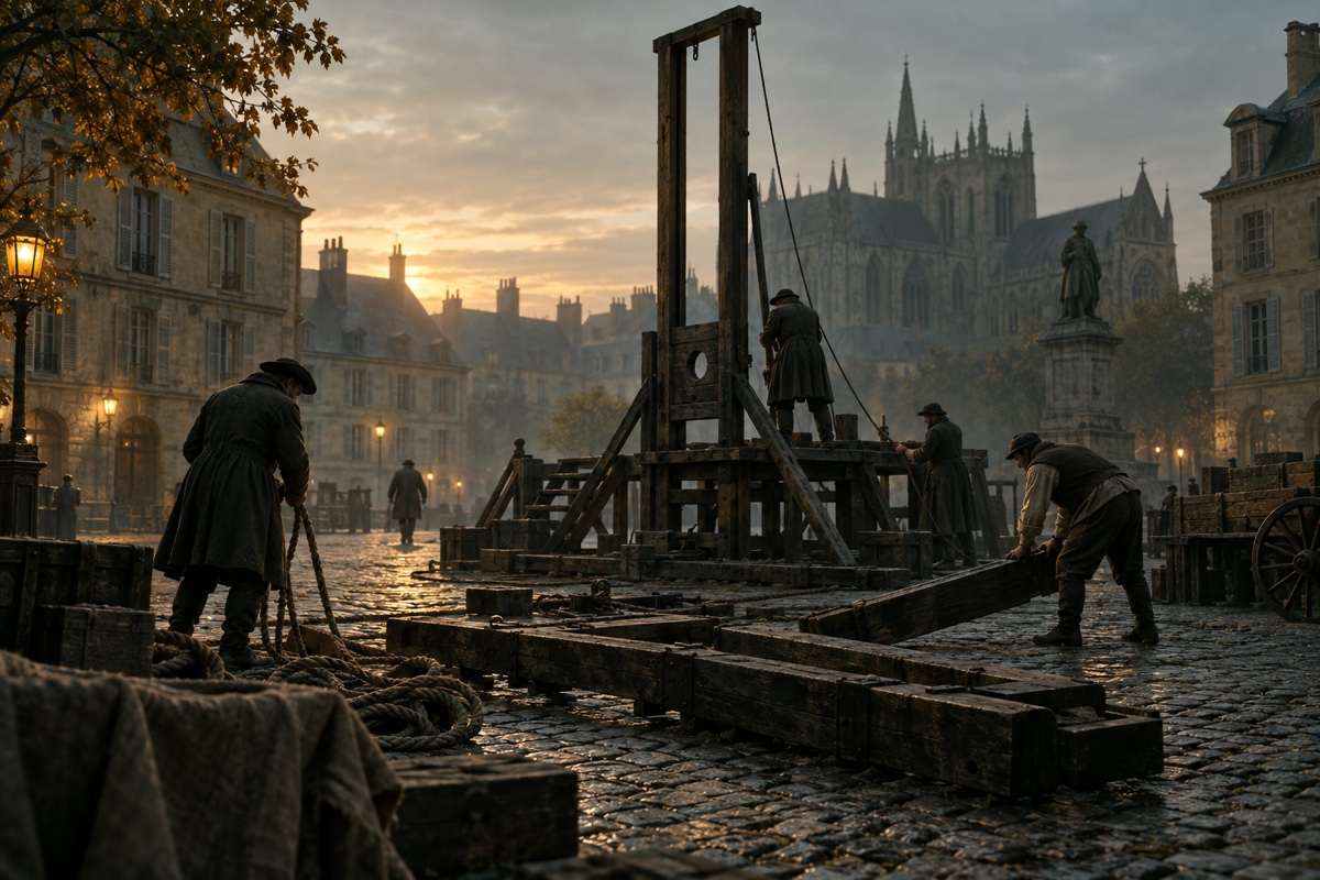 Illustration contemporaine : Des ouvriers démontent un échafaud inachevé sur une place de Metz à l’aube.