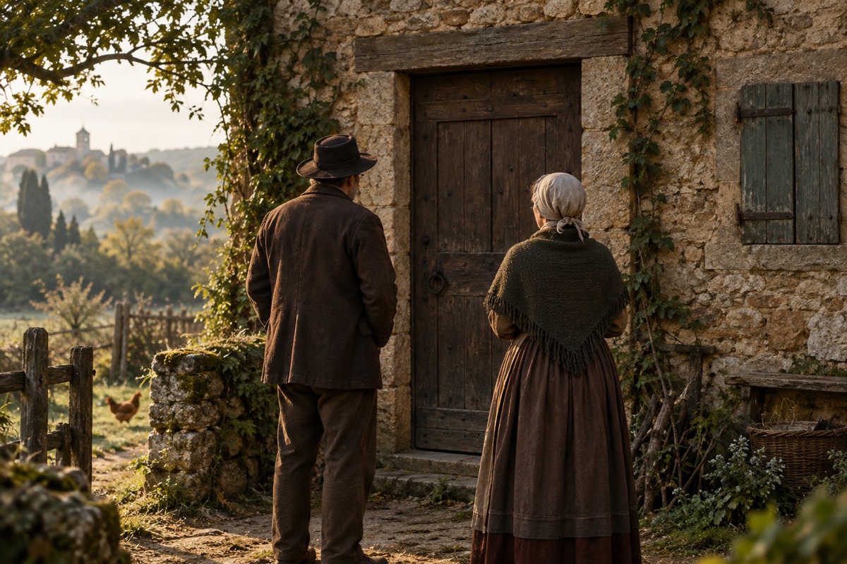 Illustration contemporaine : Deux voisins anonymes attendent devant la porte fermée d’une ferme, près d’une fenêtre close.