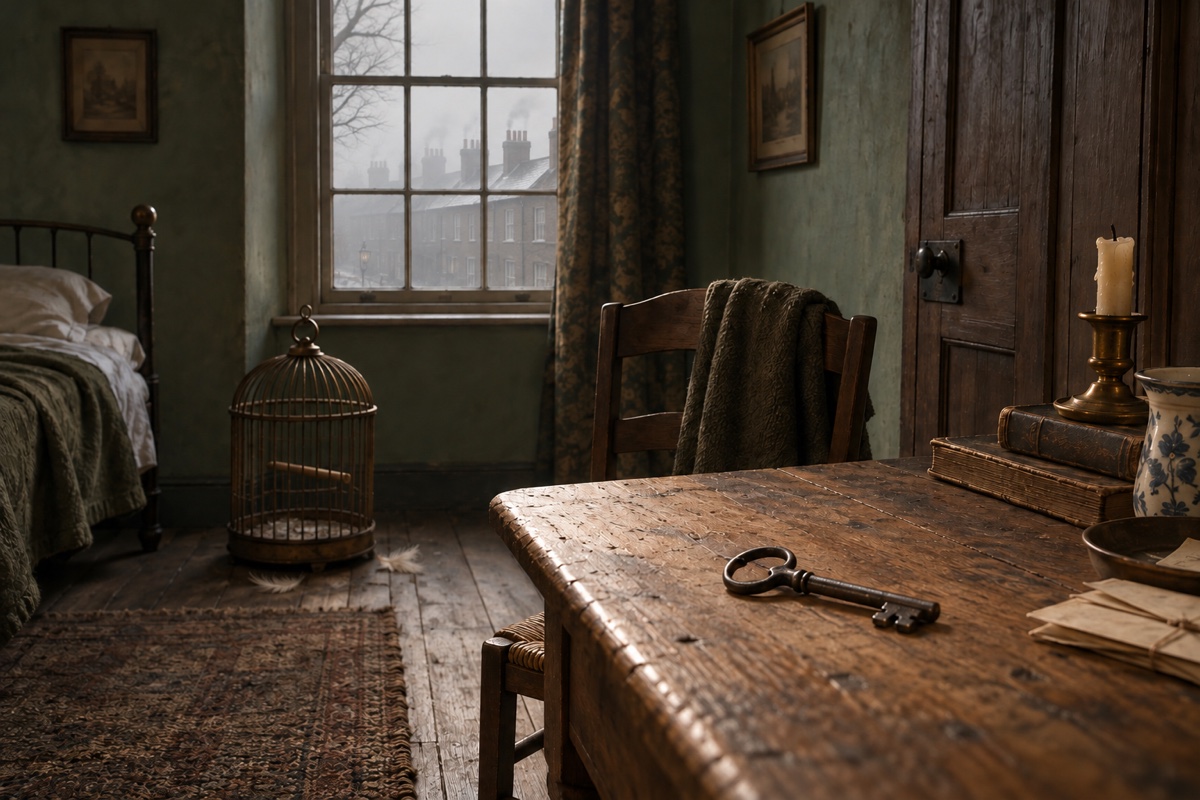 Illustration contemporaine : Une clef de fer posée sur une table, près d’une cage à oiseaux vide.