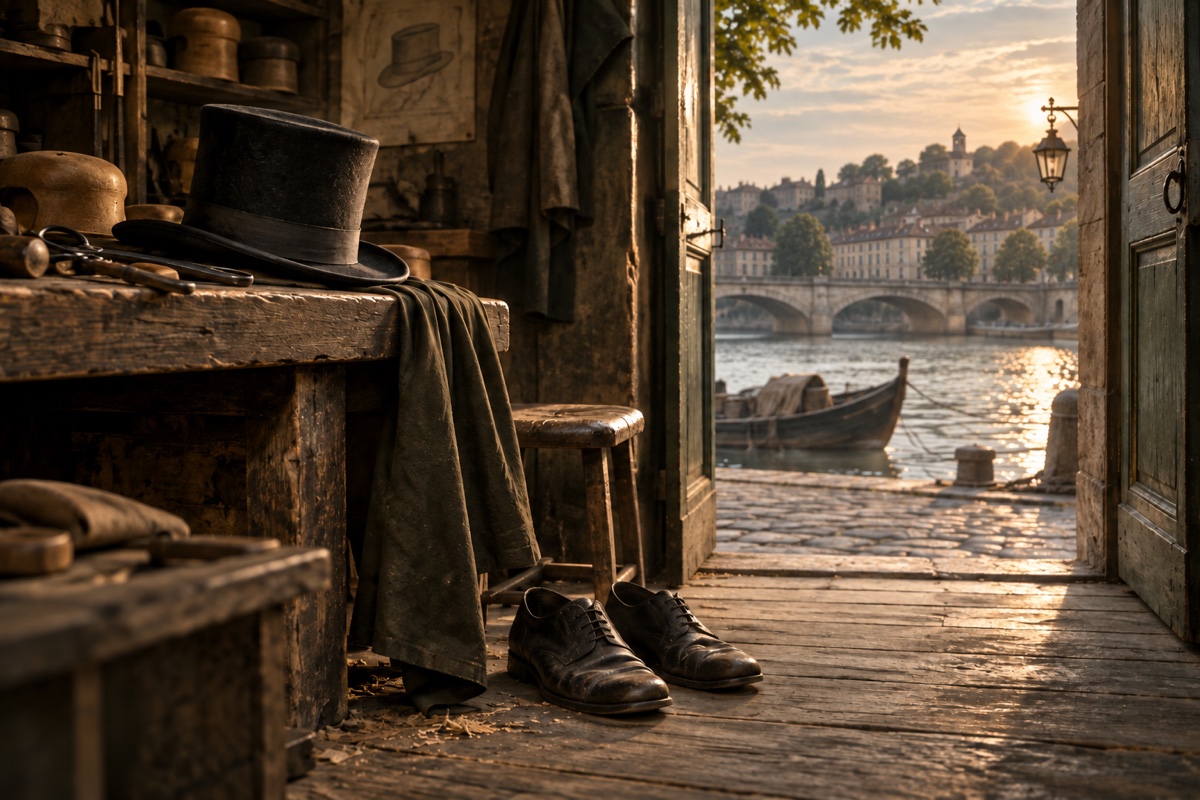 Illustration contemporaine : Une paire de chaussures usées près d’un atelier de chapelier et d’une porte ouverte sur la Saône.