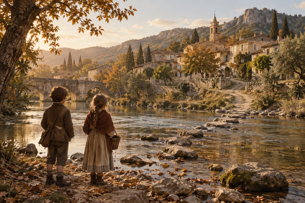 Illustration contemporaine : Deux enfants attendent au bord d’une rivière, face à un chemin qui mène au village.