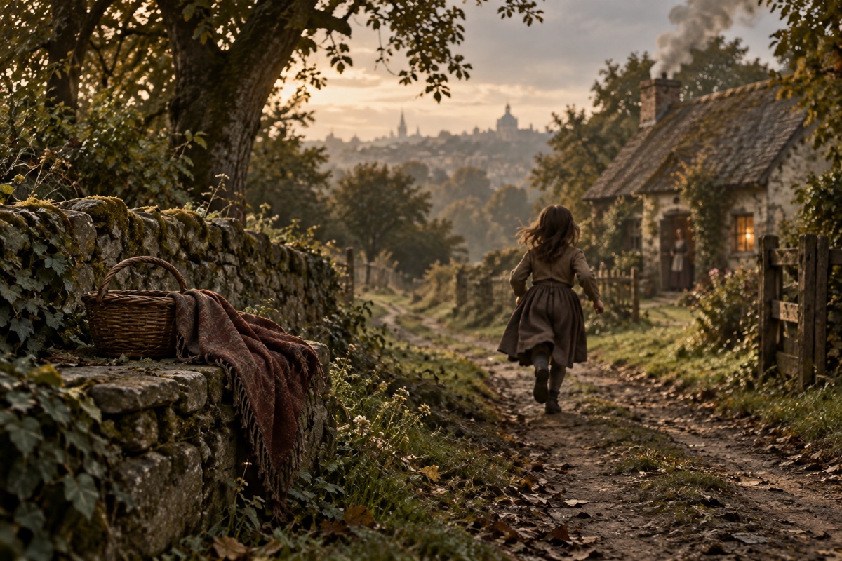 Illustration contemporaine : Un enfant anonyme marche vers un cottage, près d’un châle et d’un panier abandonnés.