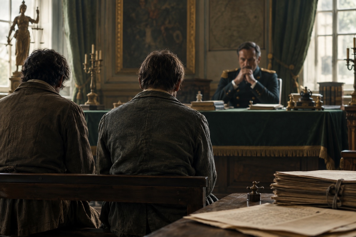 Illustration contemporaine : Deux hommes anonymes vus de dos font face à un officier en manteau sombre dans une salle d’audience.