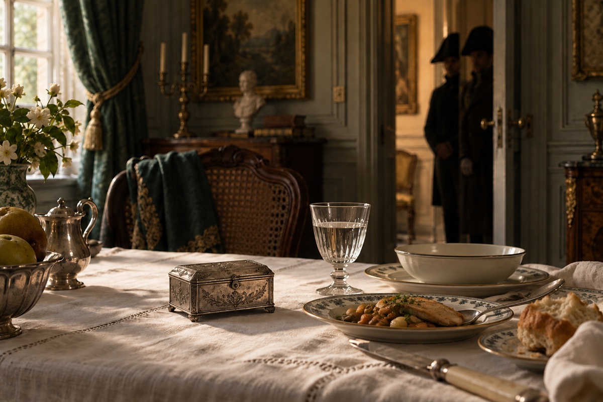 Illustration contemporaine : Une boîte métallique fermée près d’un verre et d’assiettes sur une table de repas.