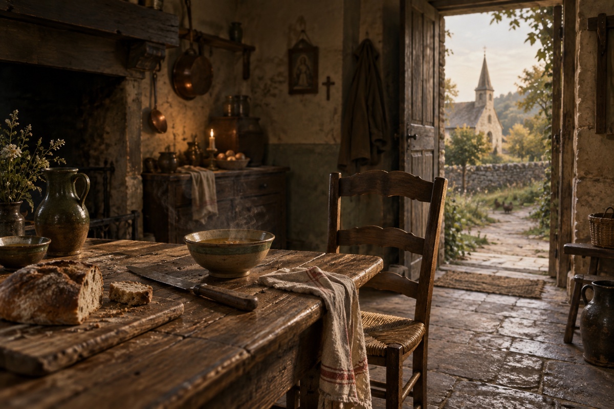Illustration contemporaine : Un bol de soupe, un couteau de table et une chaise vide dans une cuisine de village.