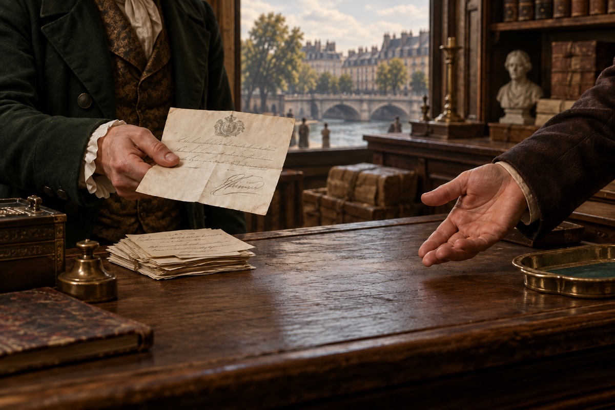 Illustration contemporaine : Une quittance pliée et une petite liasse de billets illisibles reposent sur un comptoir de marchand.