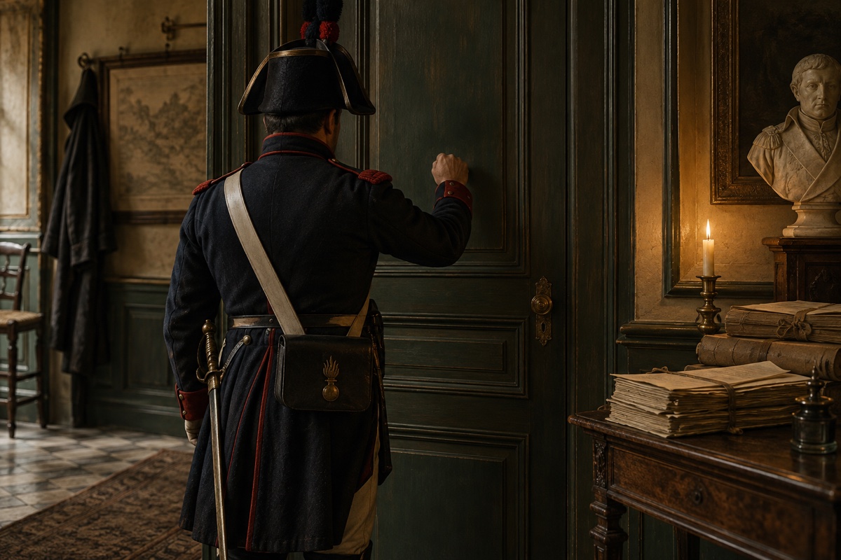 Illustration contemporaine : Une porte fermée d’étude notariale, un gendarme anonyme s’apprête à frapper; dossiers posés sur une console, sans violence.