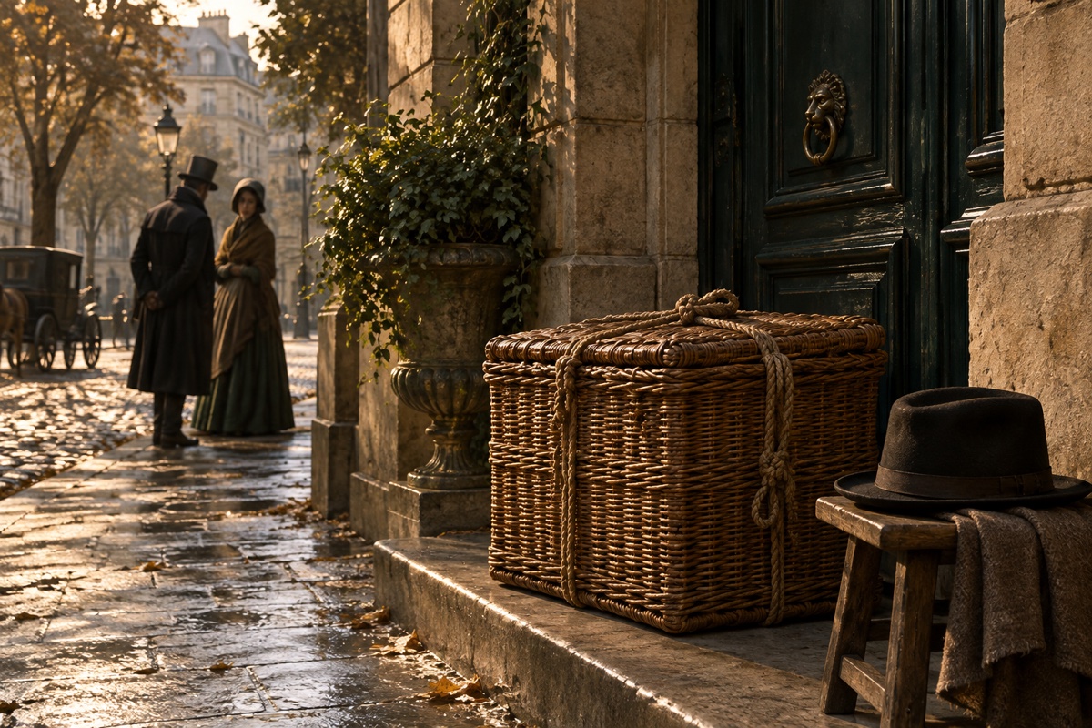 Illustration contemporaine : Un grand panier d’osier fermé et attaché près d’une porte parisienne ancienne; chapeau posé sur un tabouret, passants éloignés.