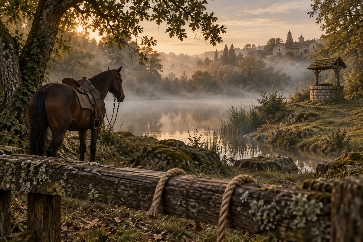 Illustration contemporaine : Un cheval sellé immobile près d’un lac brumeux, deux bouts de corde sur une rambarde et un puits de pierre au loin; aucun corps.