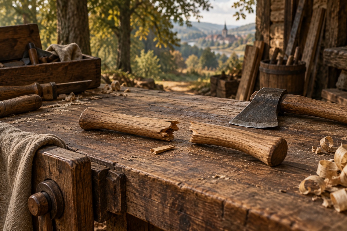 Illustration contemporaine : Deux fragments de manche de bois et un éclat sur un établi, près d’une hachette, sans sang ni personne.