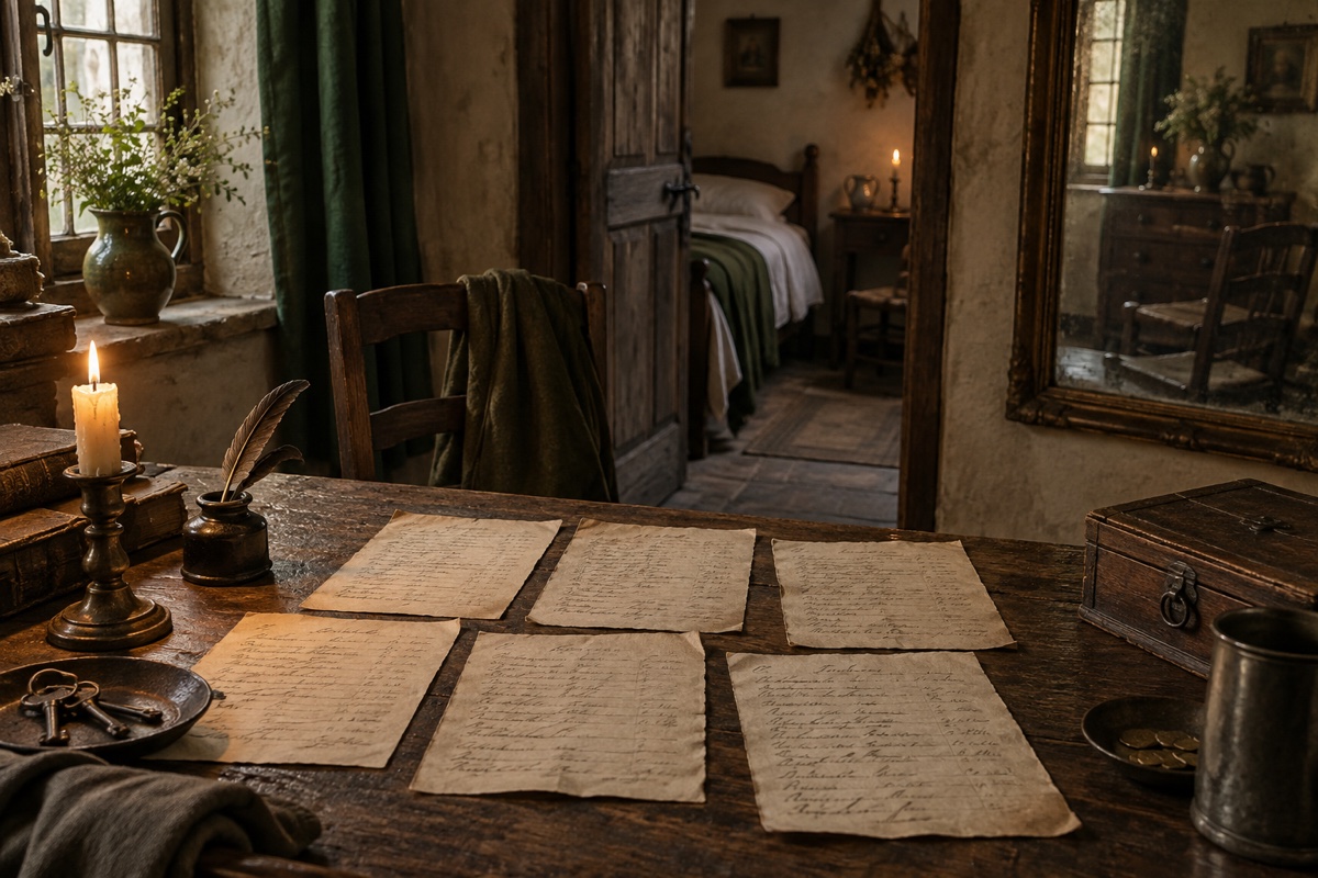 Illustration contemporaine : Six feuillets manuscrits disposés sur une table, avec une plume et une boîte dans une pièce vide.