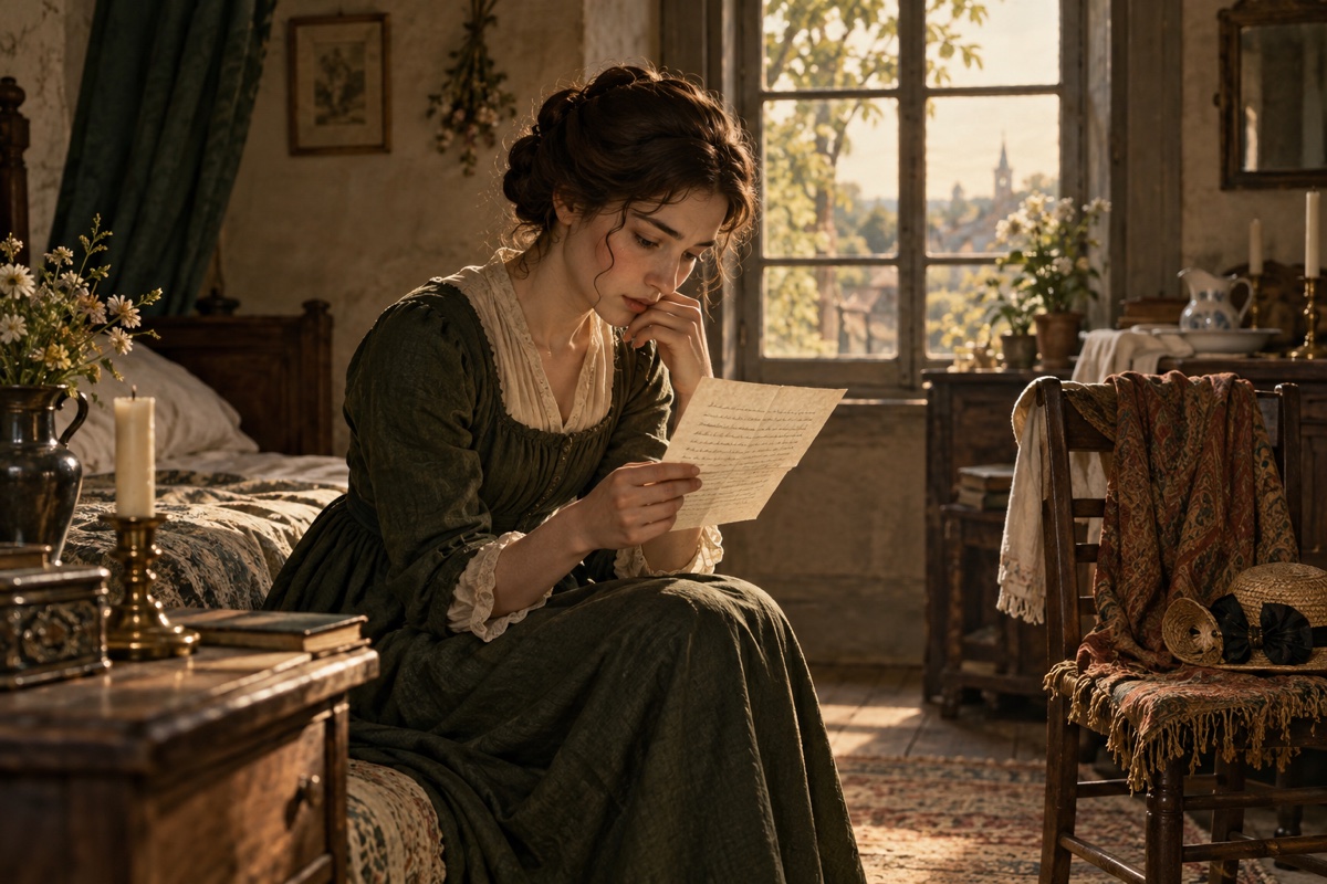 Illustration contemporaine : Une jeune femme anonyme lit un feuillet manuscrit dans une chambre, avec un châle sur une chaise.