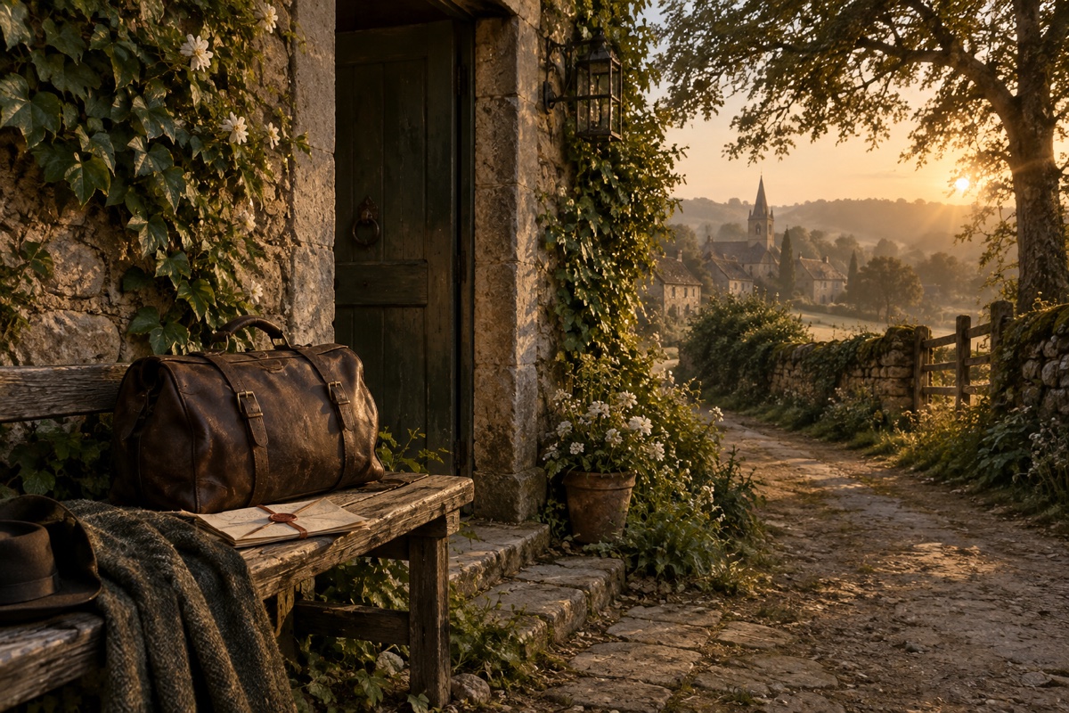 Illustration contemporaine : Un sac de voyage et une enveloppe scellée sur un banc près d’un seuil donnant sur un chemin de village.