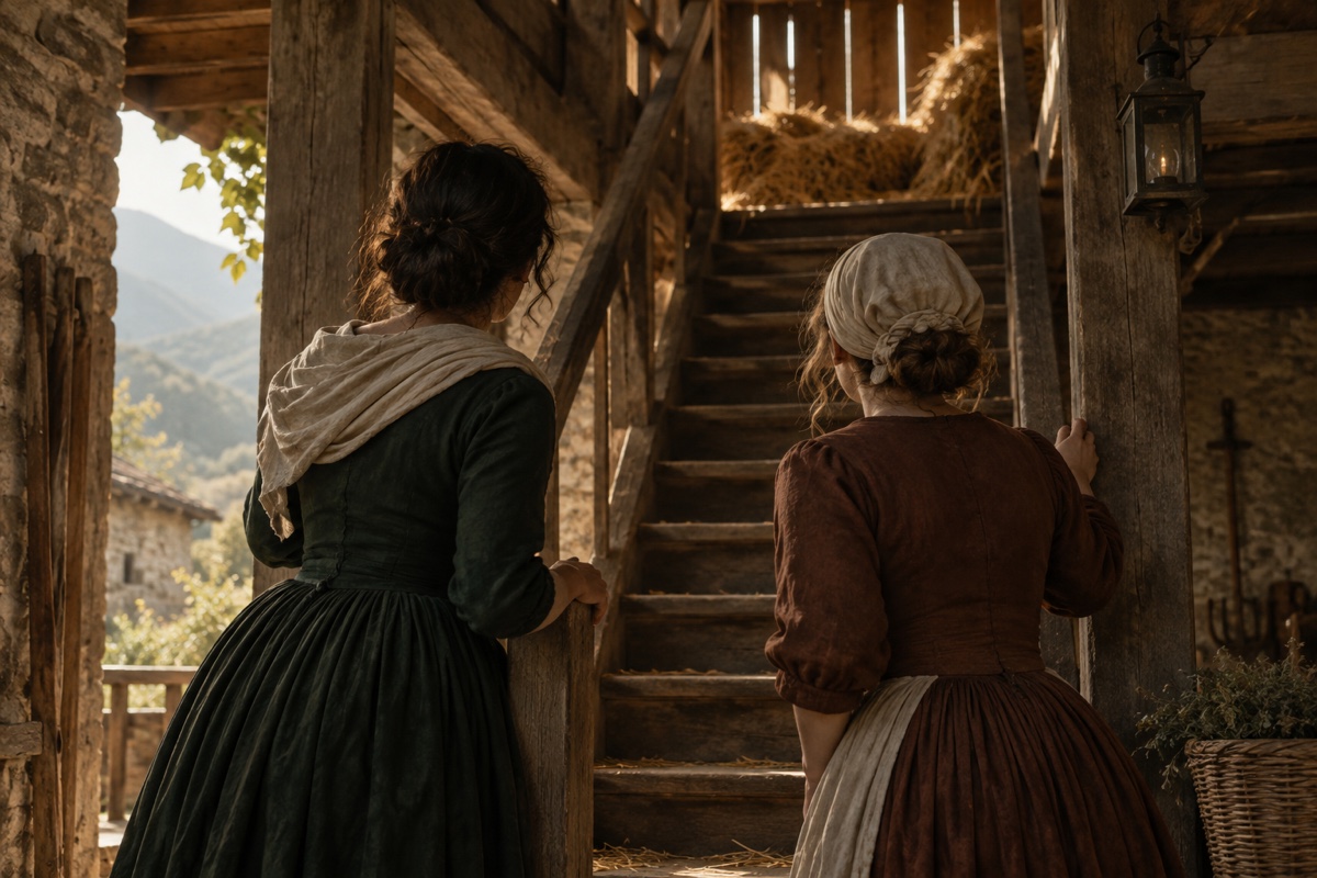 Illustration contemporaine : Deux femmes anonymes vues de dos devant l’escalier d’un grenier à foin, lumière d’après-midi; aucune blessure ni violence.
