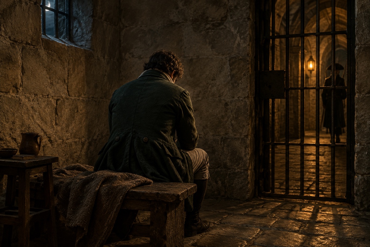Illustration contemporaine : Un homme détenu anonyme vu de dos dans une cellule de pierre, porte à barreaux et lanterne au corridor; aucune blessure.