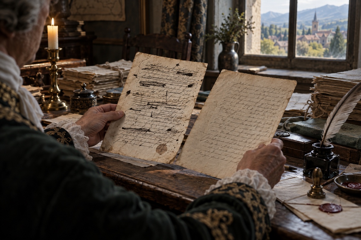 Illustration contemporaine : Un personnage anonyme compare deux feuillets manuscrits, dont un raturé, dans une pièce de travail.