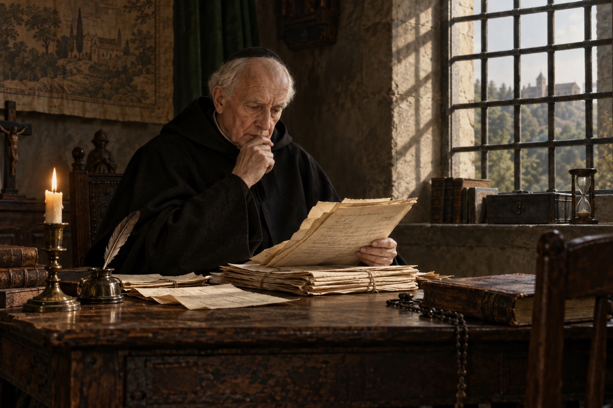 Illustration contemporaine : Religieux anonyme assis devant une fenêtre à barreaux, lisant des papiers sur un bureau; leur nature n'est pas identifiable.