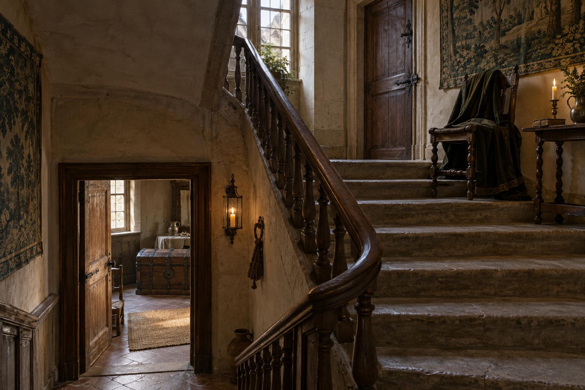 Illustration contemporaine : Un escalier de maison parisienne à deux niveaux, coffre fermé dans la pièce du bas et palier supérieur calme; aucune personne.