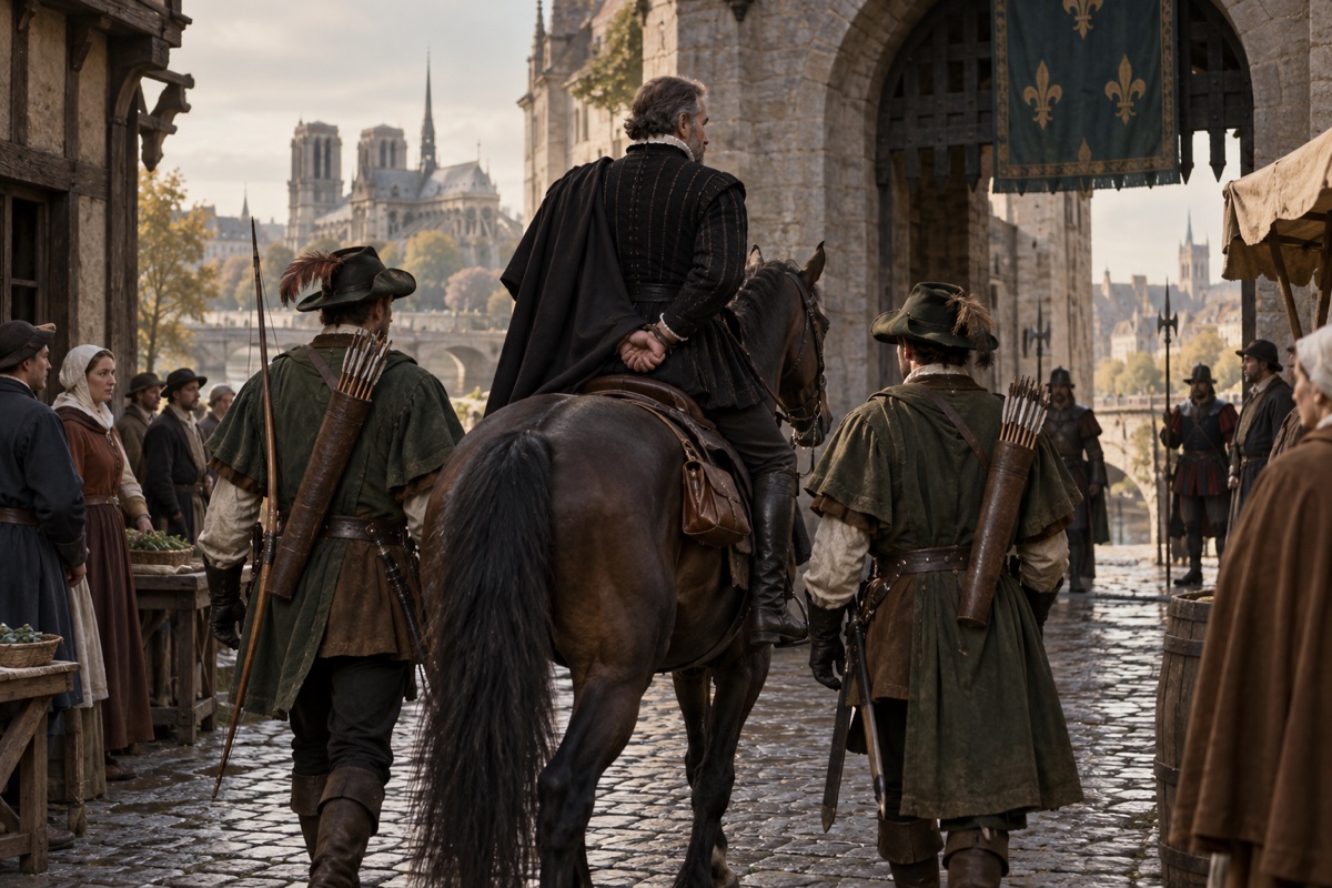 Illustration contemporaine : Homme anonyme à cheval, mains derrière le dos, accompagné de gardes dans une rue; aucune identité historique certifiée.