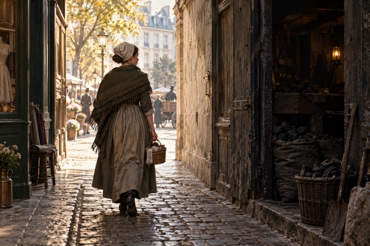 Illustration contemporaine : Femme anonyme vue de dos portant un panier dans un passage pavé, près d'une boutique de charbon.