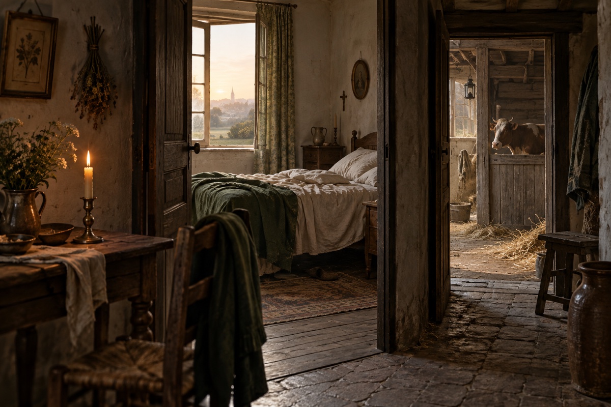 Illustration contemporaine : Pièce donnant sur une chambre au lit vide et sur une étable où apparaît une vache; aucun corps ni violence représentés.