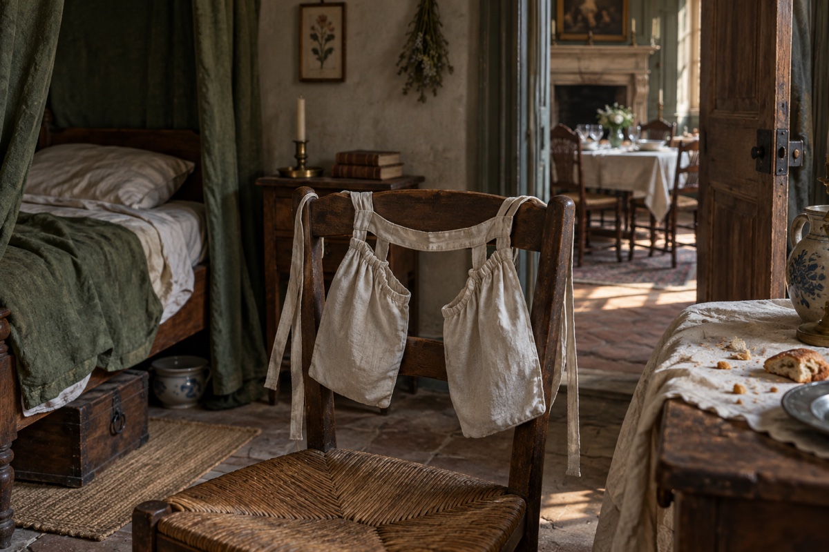 Illustration contemporaine : Une paire de poches de linge sur une chaise dans une chambre modeste, assiette à miettes; aucune substance suspecte.